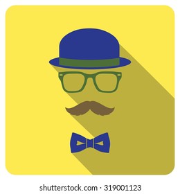 Vintage style icon of hat, mustaches, glasses and a bow tie