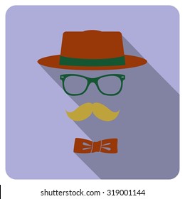 Vintage style icon of hat, mustaches, glasses and a bow tie