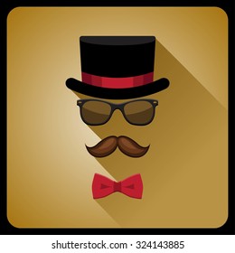 Vintage style icon of hat, mustaches, glasses and a bow tie