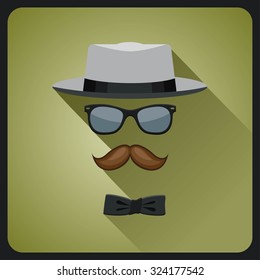 Vintage style icon of hat, mustaches, glasses and a bow tie