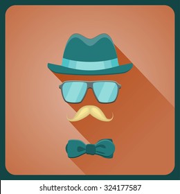 Vintage style icon of hat, mustaches, glasses and a bow tie