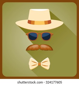 Vintage style icon of hat, mustaches, glasses and a bow tie