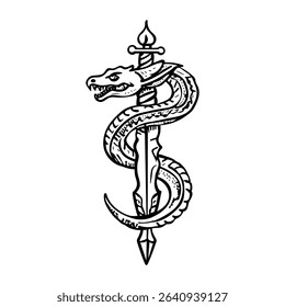 A vintage style icon of a serpent with a sword