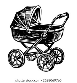 A vintage style icon showing baby stroller 