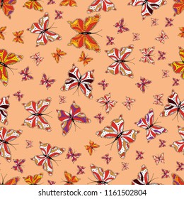 In vintage style. Illustration in beige, orange and white colors. Seamless pattern of Hand Drawn silhouette butterflies with watercolor texture. Vector illustration.