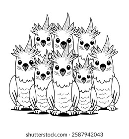 A vintage style illustration of cockatoos flock