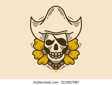 Vintage style illustration design of a skull wearing a pirate hat with sunflowers on the side
