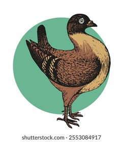 vintage style illustration of a dove with a round body and golden brown feathers, placed on a light green circle