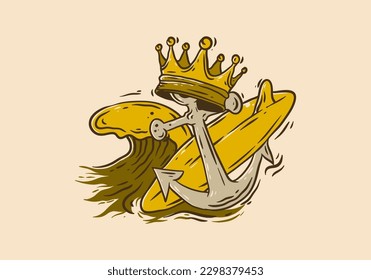 Vintage style illustration drawing of surfboard, crown, anchor and waves