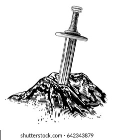 A vintage style illustration of  Excalibur the sword in the stone from the Arthurian legends