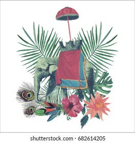 Vintage style illustration with exotic leaves, flowers, feathers. Vector.