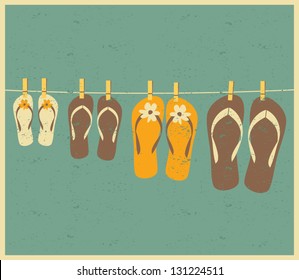 Vintage Style Illustration Of Four Pairs Of Flip Flops. Family Vacation Concept.