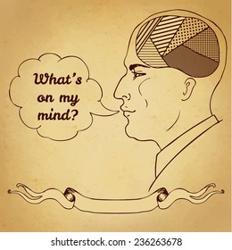 Vintage style Illustration of a of human face, speech bubble and brain, infographics chart concept.