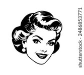 Vintage style illustration of a lovely lady. Black and white clip art. Vector EPS10.