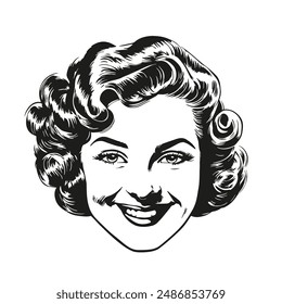 Vintage style illustration of a lovely lady. Black and white clip art. Vector EPS10.