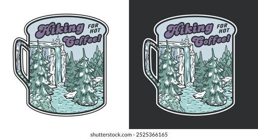 Ilustración de estilo Antiguas para un diseño de taza, que muestra la belleza de una aventura de senderismo invernal con una cascada nevada y majestuosos pinos