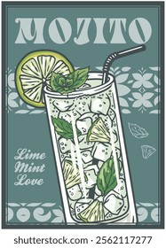 Vintage style illustration showcasing a tall glass of mojito cocktail, complete with ice cubes, lime wedges, mint leaves, and a straw, set against a patterned teal backdrop