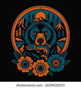 Vintage style illustration shows a bear holding fish in a mountain landscape design perfect for outdoors and nature themes.
