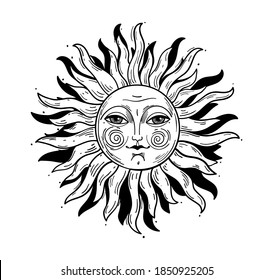 Vintage style illustration, sun with a face, stylized drawing, engraving. Mystical element for design in boho style, logo, tattoo. Vector illustration isolated on white