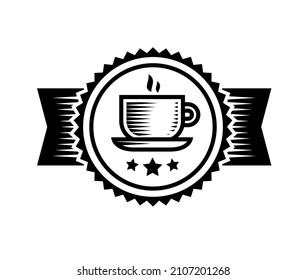 Ilustración de estilo vintage de una taza de té o café aislada sobre fondo blanco. Emblema vectorial para el diseño de menús de empaque y café. Icono de bebida caliente. Logo de la cafetería