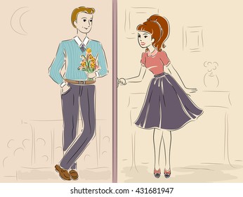 Vintage Style Illustration of a Teenage Couple Meeting by the Door