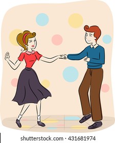 Vintage Style Illustration of a Teenage Couple Dancing