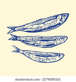 A vintage style illustration of three sardines in blue ink on a light background, perfect for seafood-themed designs or packaging.