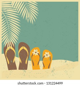 Vintage style illustration of two pairs of flip flops on the beach.