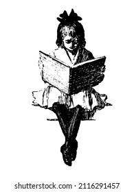 Vintage style illustration, young girl seated reading a large book. Black and white drawing clip art.