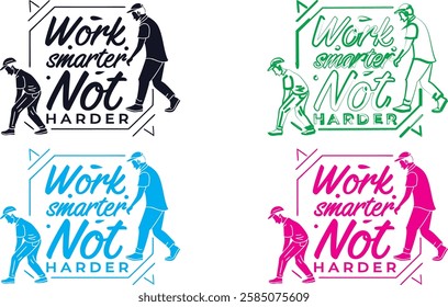 Vintage style illustrations, motivational work slogans, hand-drawn typography, retro cartoon characters, simple line drawings, color variations, black and white artwork, teal and pink color scheme, si