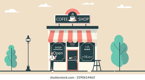 Vintage style image depicting a coffee shop building with signs and advertisements, a person drinking coffee, trees and a street lamp. The picture is made on a warm rectangular background.