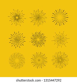 Vintage style of the image. Design elements for your projects. Hipster style. Light rays of burst. Great for retro style projects. Vector. Set of Vintage Sunbursts on yellow background