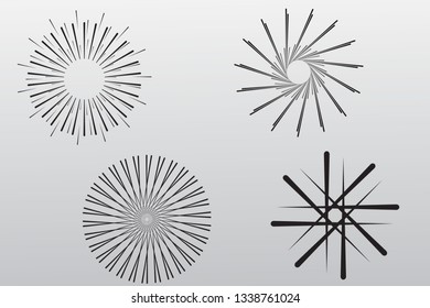 Vintage style of the image. Design elements for your projects. Hipster style. Light rays of burst. Great for retro style projects. Vector. Set of Vintage Sunbursts on grey  background 