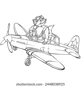 Mapache de dibujo de tinta estilo Antiguas. Divertido piloto de capullo en avión. Carácter animal en el avión. Mano amable dibujando aerotransportado. Tinta en estilo vintage para niños. Línea de arte Vector fauna.