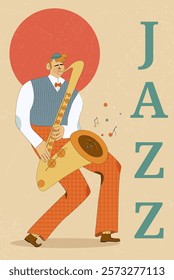 Vintage style jazz poster with saxophone player in colorful attire, abstract music notes, and bold design elements. Printable retro illustration for event promotion, interior decoration. Vector art.