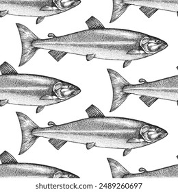 Vintage Style Keta Seamless Pattern. Vector Hand Drawn Fish Background. High Quality Old Fashion Illustration