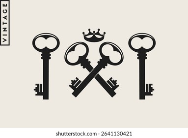 Vintage style keys and crown vector. Old key emblem
