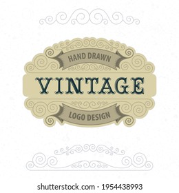 Vintage style label illustration. Outline calligraphic border design elements. Curled floral frame ornaments. Calligraphic design elements. Old paper texture. Hand drawn vector. Part of set.