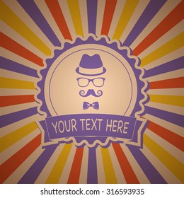 Vintage style label of silhouette with hat, mustachs, glasses and bow tie
