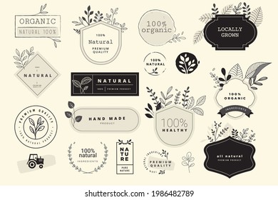 Vintage style labels and badges concepts for organic and natural cosmetics. Vector illustrations for products promotion, packaging design, web design, business presentation, marketing material.