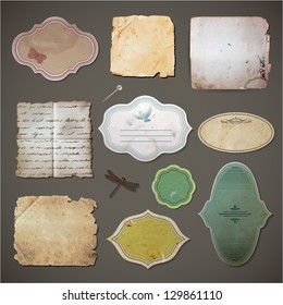 Vintage style labels and old paper sheets set - eps10