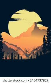 Paisaje de estilo Antiguas con montañas o colinas en la noche o al atardecer, Vector retro naturaleza pradera poster ilustración 