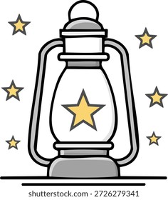 Eine Lampe im Vintage-Stil mit einem Stern im Inneren, umgeben von kleinen Sternen.