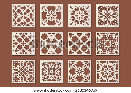 Vintage style laser cut panel collection 1x1 large set featuring classic arabesque motifs combined with modern geometric lattice for decorative panels, coasters.