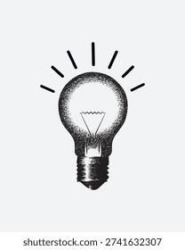 Vintage style light bulb with a halftone stipple effect for a grunge punk Y2K collage design, with a brutalist noisy vintage photocopy background 