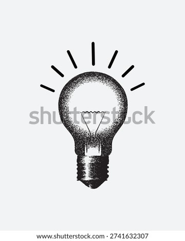 Vintage style light bulb with a halftone stipple effect for a grunge punk Y2K collage design, with a brutalist noisy vintage photocopy background 