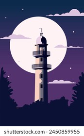 Vintage style lighthouse image. Beacon at night, vector retro poster, background