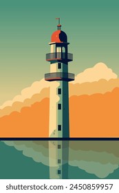 Vintage style lighthouse image. Beacon at sunrise or sunset, vector retro poster, minimalist background