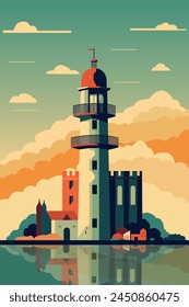 Vintage style lighthouse image. Beacon at sunrise or sunset, vector retro poster, minimalist background