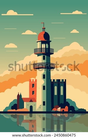 Vintage style lighthouse image. Beacon at sunrise or sunset, vector retro poster, minimalist background
